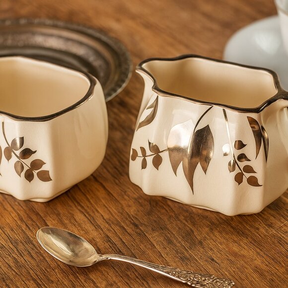 Vintage Sandland Ware Creamer and Sugar. Cream and Gold - Picture 1 of 13